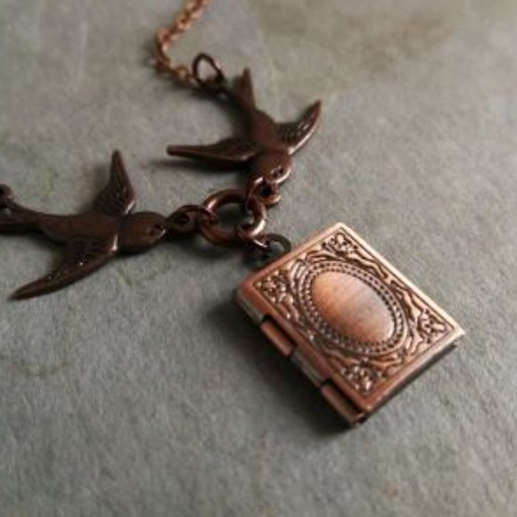 Two Birds Locket Necklace. Book Locket. Copper Locket Necklace. Miniature Book - Picture 5 of 5